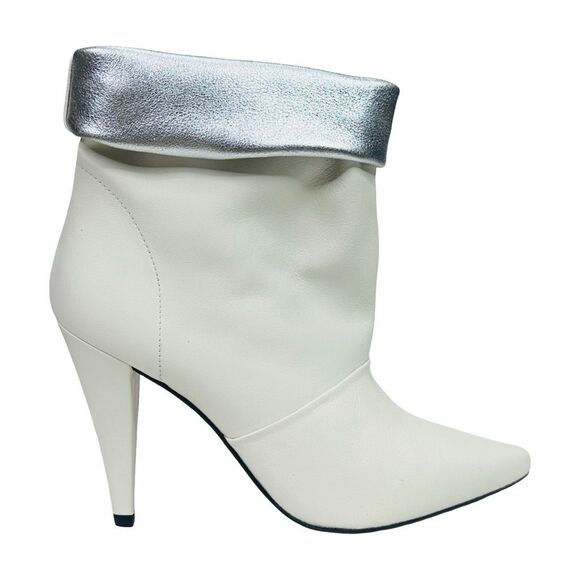 IRO Avina Foldover Cone Stiletto Ankle Booties - Ecru White / Silver - Size 40